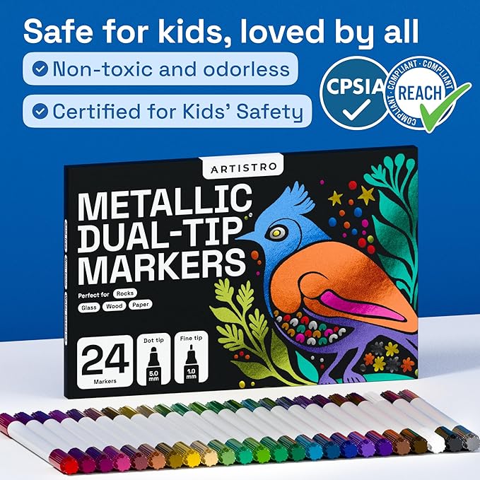 ARTISTRO 24 Metallic Acrylic Paint Markers for Rock, Fabric, Wood, Glass, Eggs - Dual-Tip Paint Pens for Coloring Books for Adults, Teens - Art & Craft Supplies - Gift Idea - Easter Basket Stuffers
