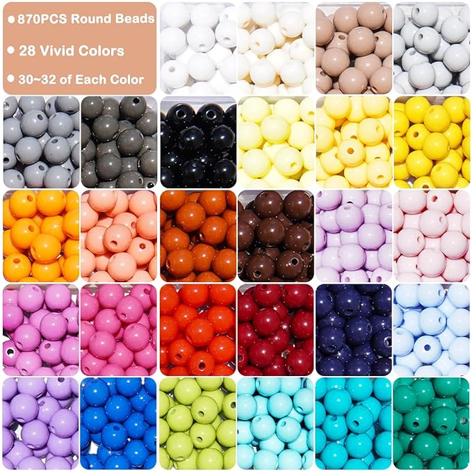 870Pcs 8mm Acrylic Round Beads for Jewelry Making, 28 Colors Assorted Round Beads for Bracelets Making Kit Pastel Plastic Bubble Gum Loose Spacer Beads for Bracelets Necklace Earring DIY Craft