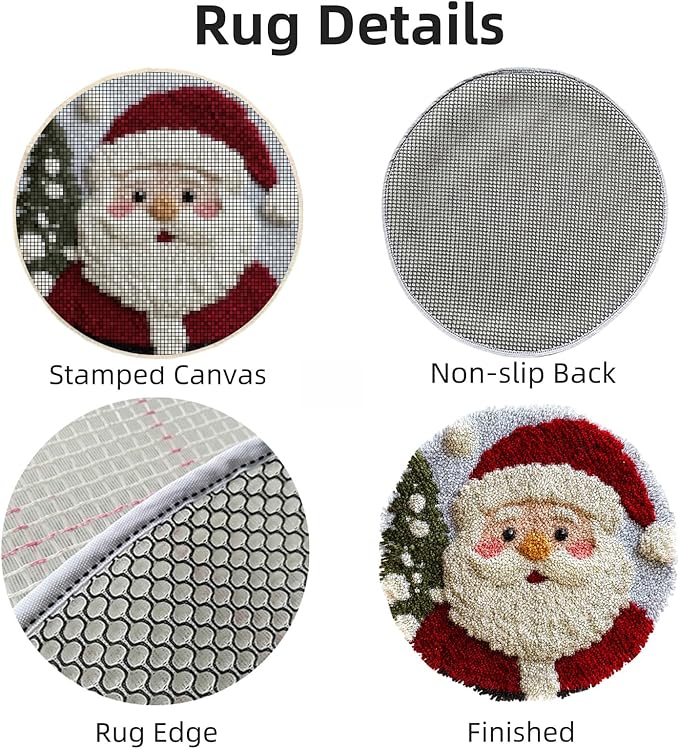 Latch Hook Rug Kit Cute Cartoon Santa Claus Easy for Beginners Round Shape Carpet Crochet Yarn Craft Mini Rug DIY Hook and Latch Little Tapestry for Home Decor 30x30cm-9
