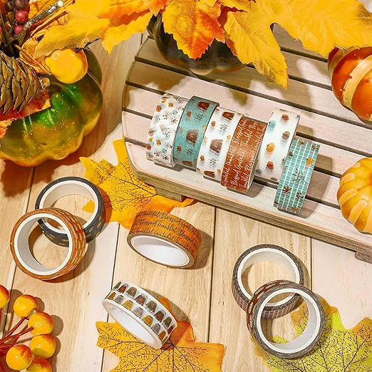 Whaline 12 Rolls Fall Boho Washi Tape Autumn Pumpkin Sweater Washi Tape Decorative Masking Tape for Thanksgiving Harvest Scrapbook Journal DIY Art Craft Gift Wrapping Supplies