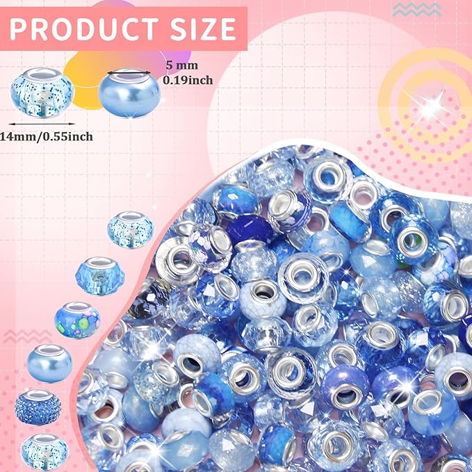 60Pcs Large Hole Beads Spacer Beads Blue Assorted European Craft Big Beads Large Hole Lampwork Murano Bead Fairy Wand Garden Bead for DIY Charm Bracelet Necklace Jewelry Making Decoration Supplies