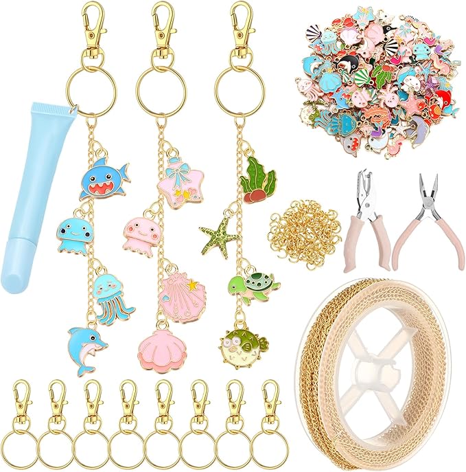 VioraWhite 213 Pcs Lip Gloss Keychain Making Kit 100 Pink Enamel Charms 32.81 ft Gold Chains for DIY Crafts Women (Ocean Theme)