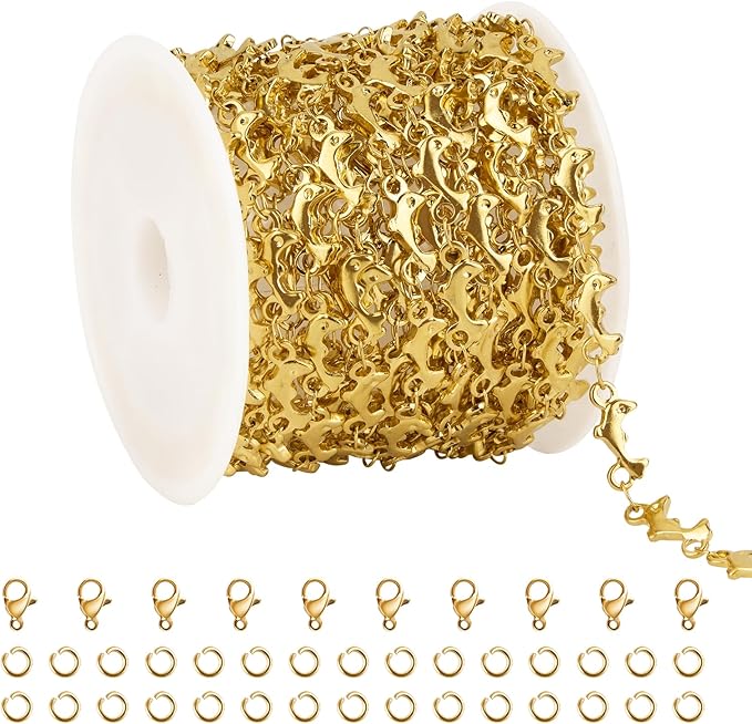 Kyutong 4 Meters Gold Plated Jewelry Making Chains on Spool Dolphin Shape Craft Jewelry Findings Stainless Steel Necklace Chain Bulk with Clasps for Women Men Make Handcrafts