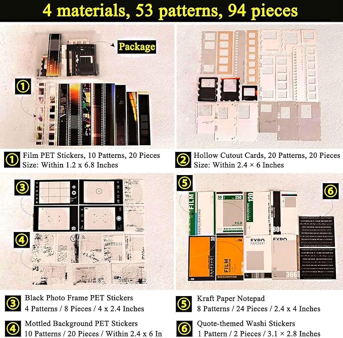 CraftBloom 94PCS Movie Film Scrapbook Paper for Journaling Supplies, Strip Photo Frame for Scrapbooking Kit, Waterproof PET Washi Quote Stickers for Bullet Junk Journal Collage Planner DIY Craft