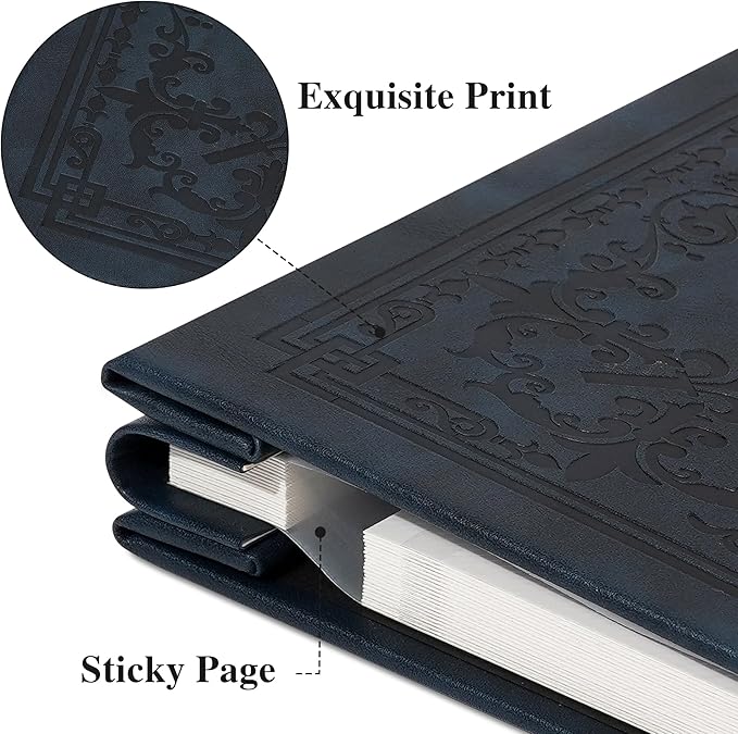 Vienrose Self Adhesive Faux Leather Photo Album with Window DIY Scrapbook Kit for 4x6 5x7 8x10 Pictures, Memory Book for Baby Kids Wedding Journal School Polaroid, 20 Sheets(40 Pages) Navy Blue