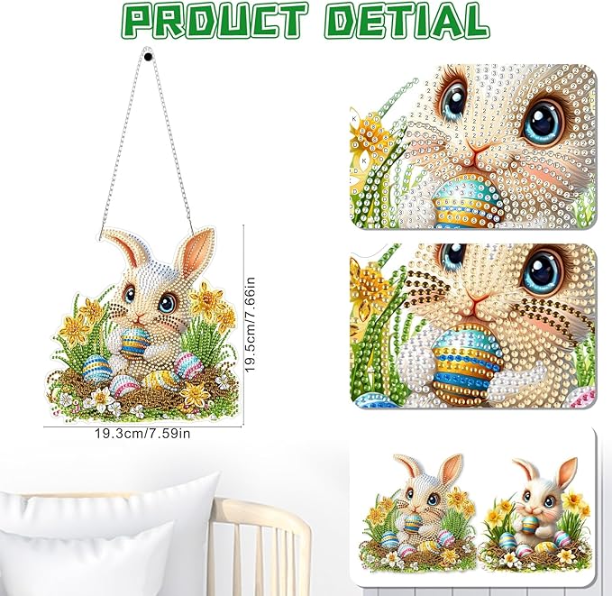 KEYIFA Rabbit Hanging Diamond Art Painting Kits for Adults and Kids Age 8-12, 5D Special Shape Diamond Dots Kit Easter Egg Crystal Gem Painting Art Crafts for Window, Wall, Door, Garden Decor