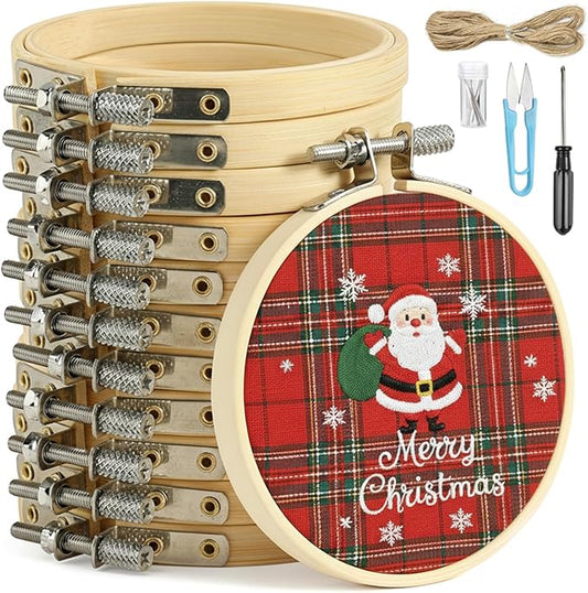 bigotters 12pcs 3 inch embroidery hoops, adjustable bamboo circle cross stitch hoop ring bulk wholesale for home ornaments art craft handy sewing diy favor
