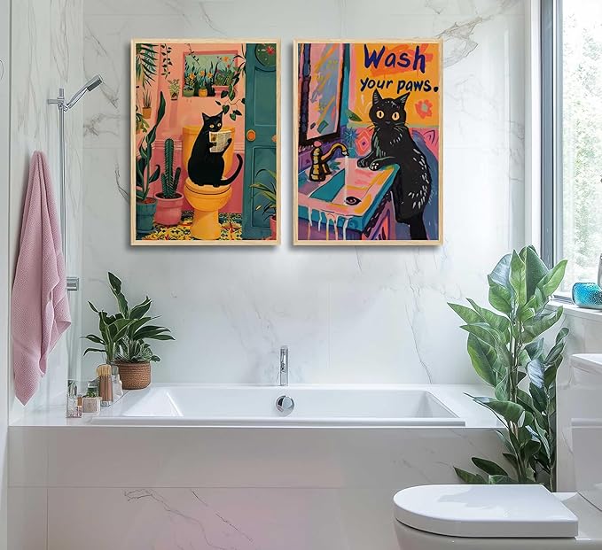 2Pcs Paint by Number Kit 16x20inch Adorable Black Cat Bathroom Scenes Set, DIY Painting for Adults Kids, Ideal Home Decor and Relaxing Art Activity