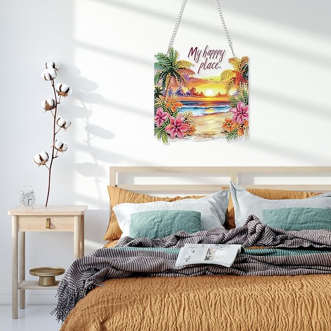 HEIBAGO Diamond Art Hanging Kits for Adults Kids, Hanging Diamond Art Beach Kits, 5D Special Shaped Crystal Diamond Painting Kit, DIY Pattern Window Pendant for Home Wall Decor 8.3x8.3Inch