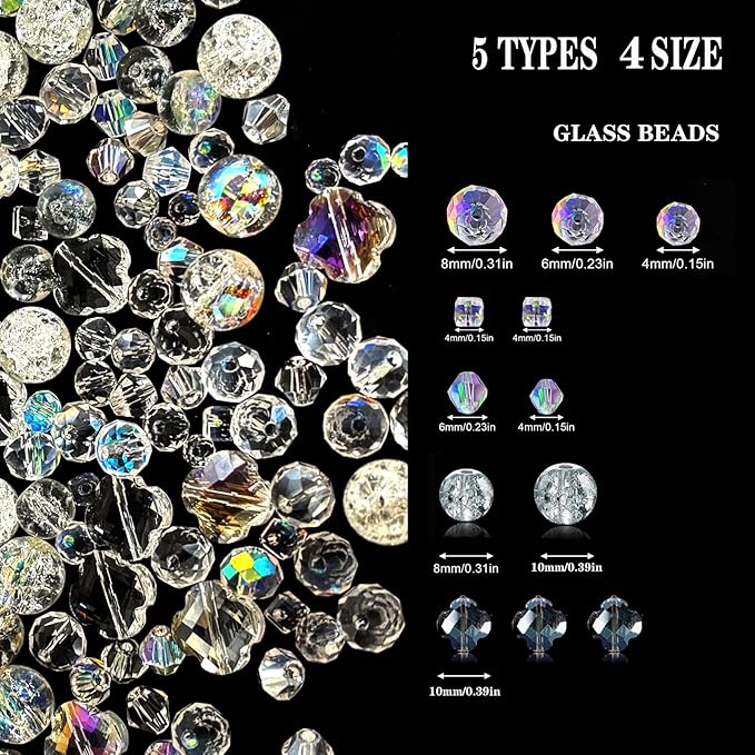 1000Pcs Glass Beads for Jewelry Making Crystal Beads for Bracelet Craft Necklace Earring Making Assorted Color 5 Style/Crackle Round/Briolette Faceted/Bicone/Cube/Four-Leaf Clover / 4 Size