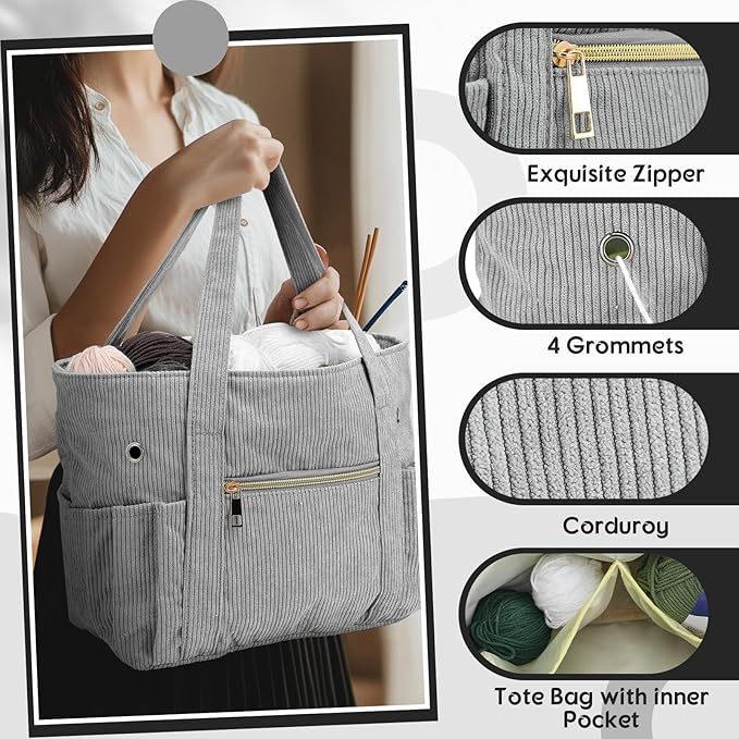 Bulyoou 2 Pcs Crochet Bag and Tote Set Corduroy Yarn Bag Crochet Tote Bag for Crochet Hooks Organizer Yarn Holder for Crochet Lovers Knitting Bag Crochet Accessories(Grey)