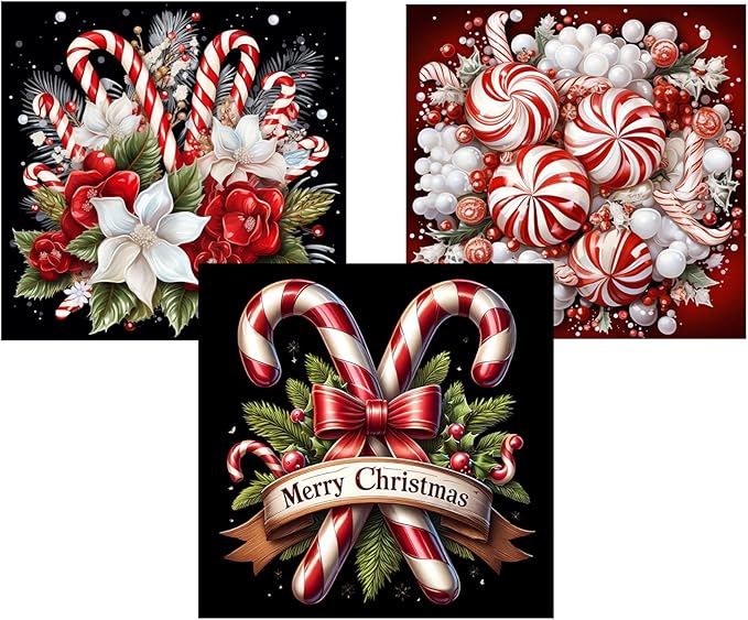 EIBEILI Christmas Diamond Painting Set, 3-Piece Diamond Painting Set (Adults), 5D Diamond Painting Set (Adults), DIY Round Full Diamond Gemstone Art Painting, Home Wall Decoration, 12 x 12 inches
