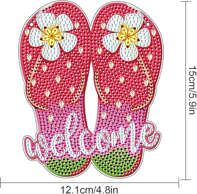 AiYuanzsh Welcome Flip Flops Diamond Painting Hanging Sign – 5D DIY Summer Door or Wall Decor Kit with Flowers – Colorful Rhinestone Craft Ornament with Tools