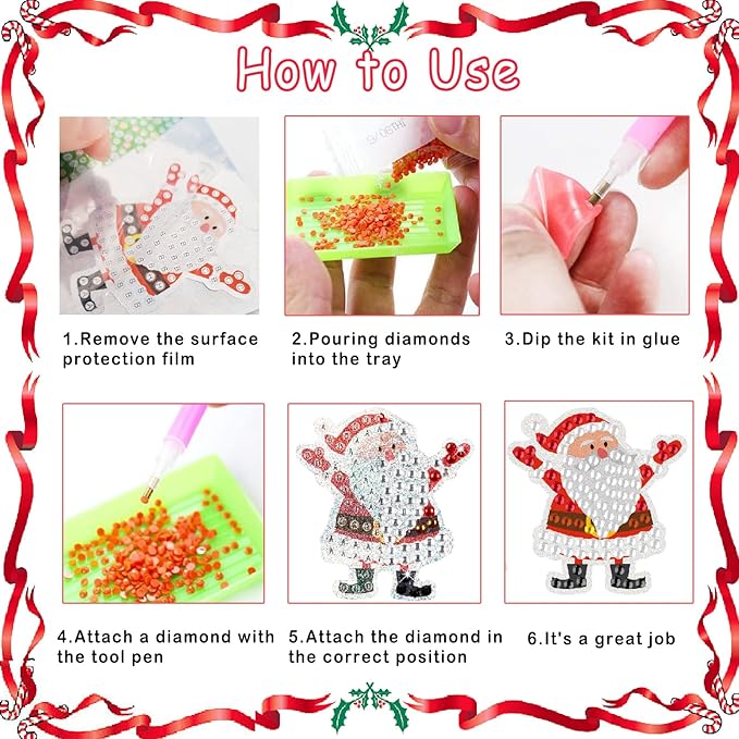 Viicoor 32PCS Christmas Diamond Painting Sticker Kit, Xmas DIY Creative Diamond Art Sticker Craft by Numbers Kits