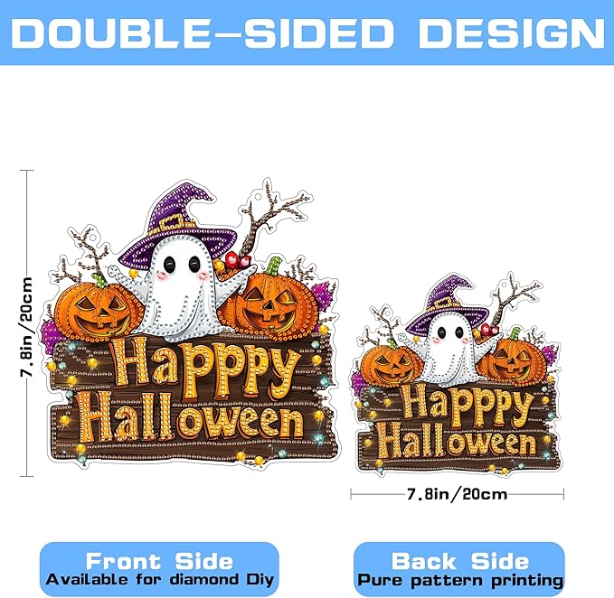 VAIIEYO Halloween Diamond Art Hanging Ornament, Ghost Pumpkin Diamond Painting Suncatchers Window Hanging Kit with Chain,7.5x7.5 inch Crystal Pendant Art Craft for Gift Home Wall Front Door Decoration