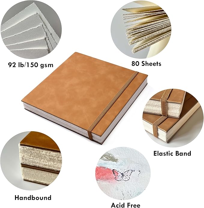 tumuarta deckle edge paper sketchbook, 92 lb, 150 gsm, 80 sheets mixed media paper, acid free, handmade journal hardbound sketch book for pencil, ink, markers, acrylic and more (6" x 6")