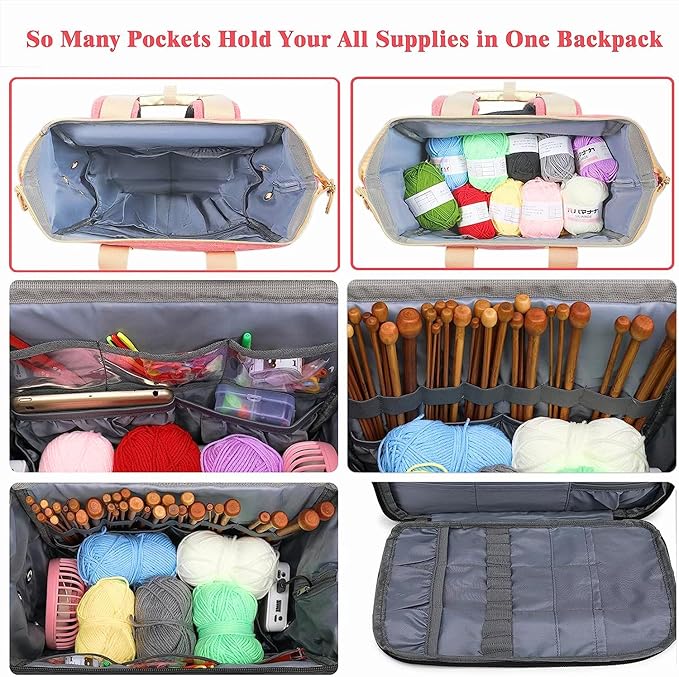 LTINVECK Crochet Backpack,Knitting Bag Backpack Yarn Storage Organizer Travel Crochet Bag,Yarn Storage Tote Bag Yarn Holder Case for Knitting Needles,Crochet Hooks,Crochet Accessories