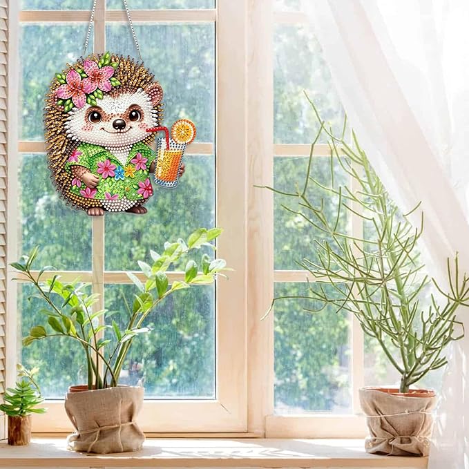 CEOVR Hedgehog Hanging Diamond Art, Cartoon Hedgehog Diamond Painting Pendant for Adults DIY Gem Art Wall Ornament, Acrylic Home Garden Decor with Chain, Box Kit 7.28×7.87inch