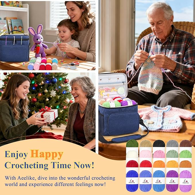 aeelike complete beginner kit 87pcs, crochet kit for beginners adults, navy portable yarn bag, 23 crochet hooks,yarn 20 colors skeins, instruction & crocheting accessories