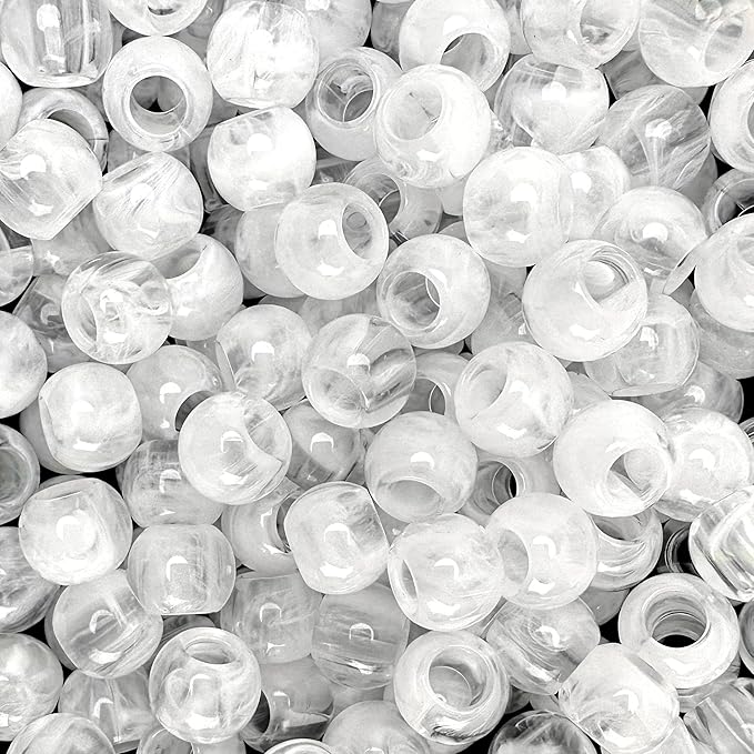 300 acrylic large hole beads for crafts and for hair 10mm x 12mm acrylic barrel beads with 5.7mm large hole, clear and white marble swirl for men and women