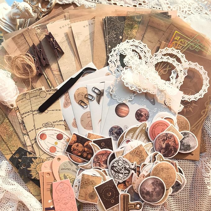 Flartmo 313 Pcs Complete Scrapbook Supplies Kit, Celestial Universe Planets Space Scrapbook Paper & Stickers, Junk Journal Scrapbooking Supplies Kit for Journaling, Embellishments, Card
