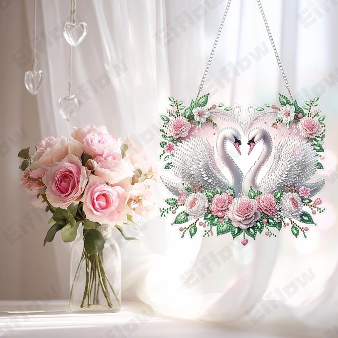 Eiflow Acrylic Diamond Art Hanging Kit for Adults Love, DIY Diamonds Painting Door Hanger Board Kit, Special Crystal Diamond Art Painting Pendant Ornament (Swans)