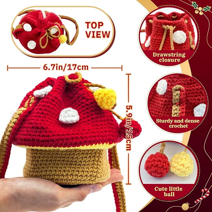 SGIBYN Crochet Kit for Beginners with Step-by-Step Video Tutorials – DIY Mushroom Crossbody Purse Bag, Crochet Bag Kit for Women, Knitting Kit, Handcraft Kit
