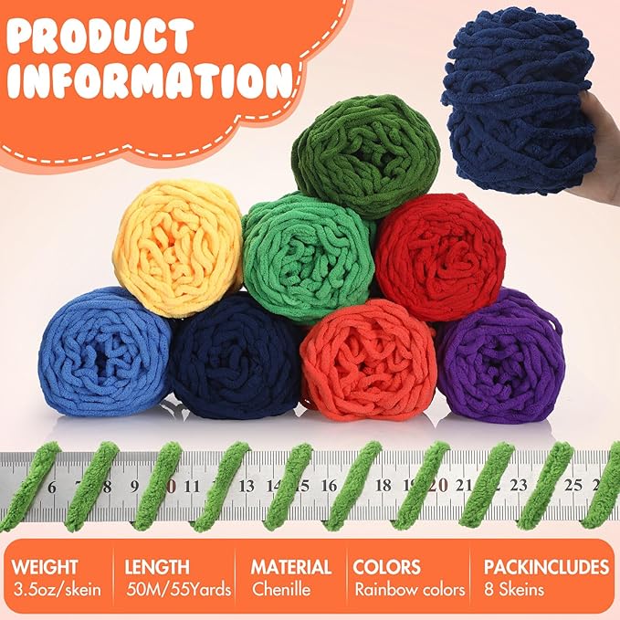 Buryeah 8 Pack Chunky Chenille Yarn for Crocheting Soft Thick Fluffy Yarn for Hand Knitting Bulky Velvet Blanket Plush for Weaving DIY Crafts Each 3.5 oz 55 Yards (Rainbow Colors)