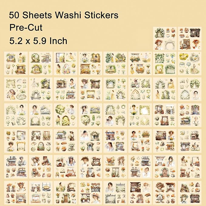 Garden Journal Sticker Book, 50 Sheets Washi Junk Journaling Sticker, Scrapbook Supplies, Watercolor Scrapbooking for Adults, Yellow Decorative Ephemera Arts Craft
