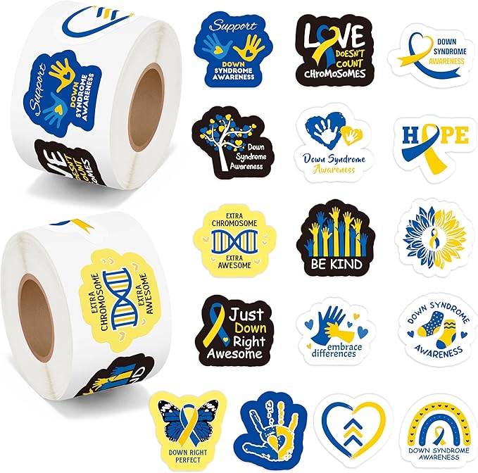 beyumi down syndrome awareness sticker - 1000pcs down syndrome awareness stickers in 2 rolls waterproof vinyl blue yellow ribbon decals school event campaign laptop bottle luggage decor for kids teens