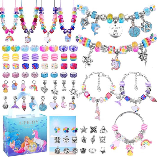 aipridy charm bracelet making kit,unicorn mermaid crafts gifts set can inspires imagination and creativity,jewelry making kit perfect gifts for girls 5-12 years old (84 pieces)