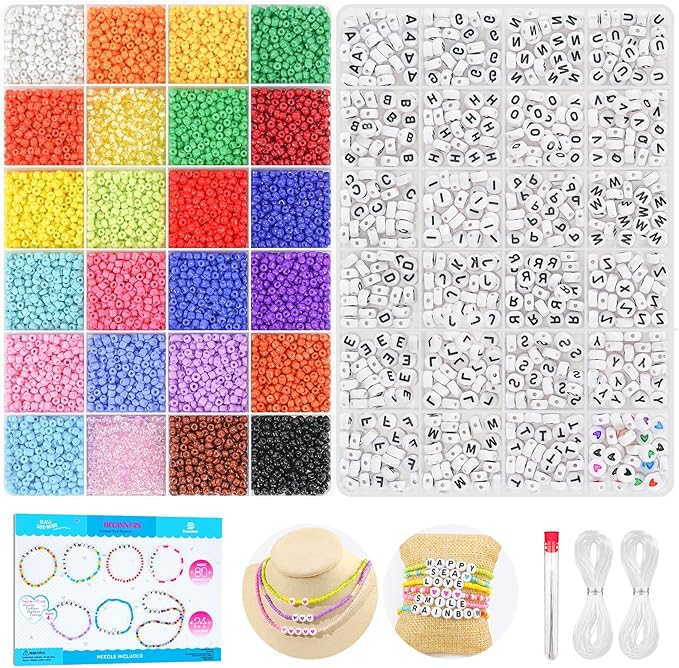 Dowsabel 24 Colors Friendship Bracelet Kit, 10000 Pcs 3mm Glass Seed Beads for Bracelets Making Kit with Letter Alphabet Beads A-Z, 8/0 Craft Bead for Jewelry Making with Needle Cord