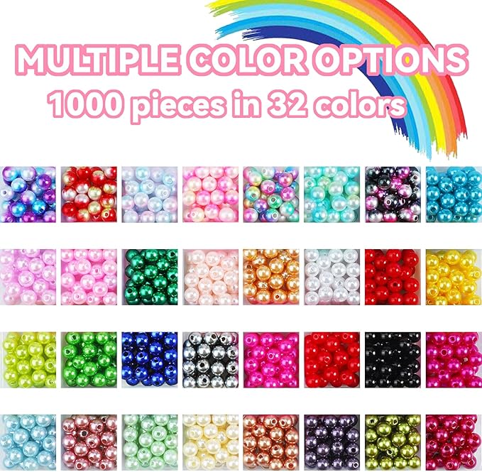 1000PCS Pearl Beads for Jewelry Making - 32 Colorful 8mm Round Pearl Beads for Bracelets, Necklace, Earrings