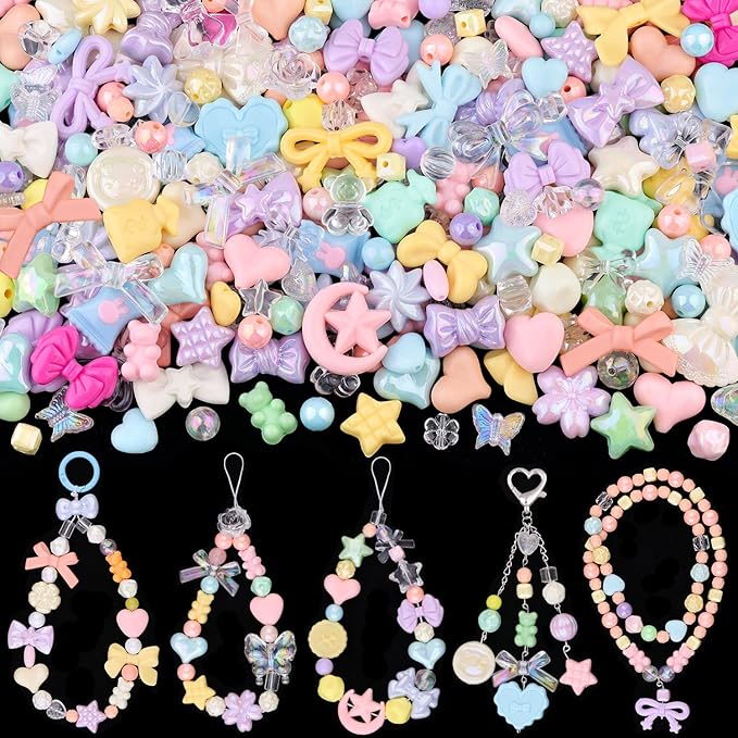 200-260pcs tinkrstuff assorted macaroon color acrylic beads for bracelet making,cute beads for jewelry making bow butterfly candy gummybear aesthetic bracelet charms,diy necklace keychain phone charm
