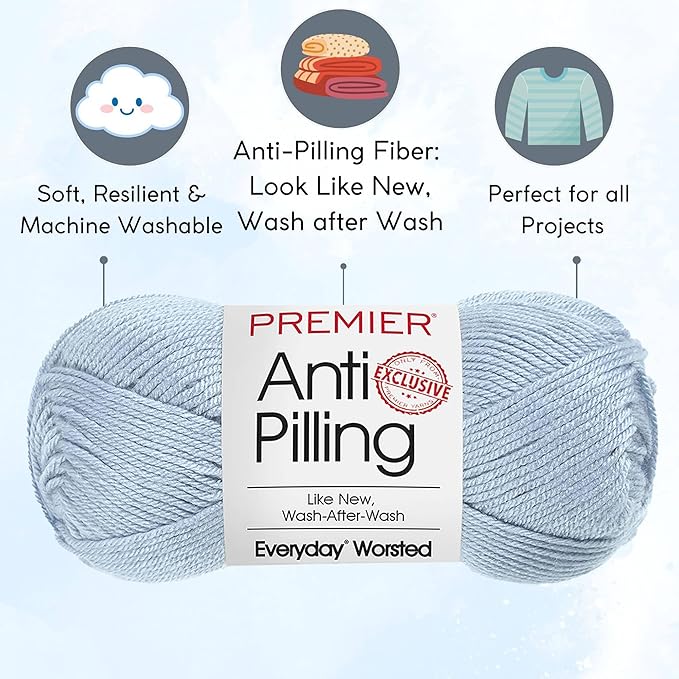 Premier Yarns Everyday Anti-Pilling Solid Quiet Blue DN100-48 (3-Skeins - Same Dye Lot) #4 Worsted Weight Acrylic Yarn for Crocheting and Knitting with Project Bag