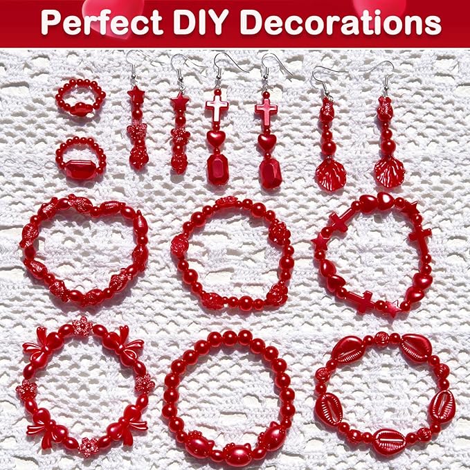1170 Pcs ABS Imitation Pearl Beads for Jewelry Making, Assorted Heart Star Bowknot Circle Flower Aesthetic Cute Bead for Bracelet Necklaces Earrings Key Chains DIY Phone Charm Crafts (Red)