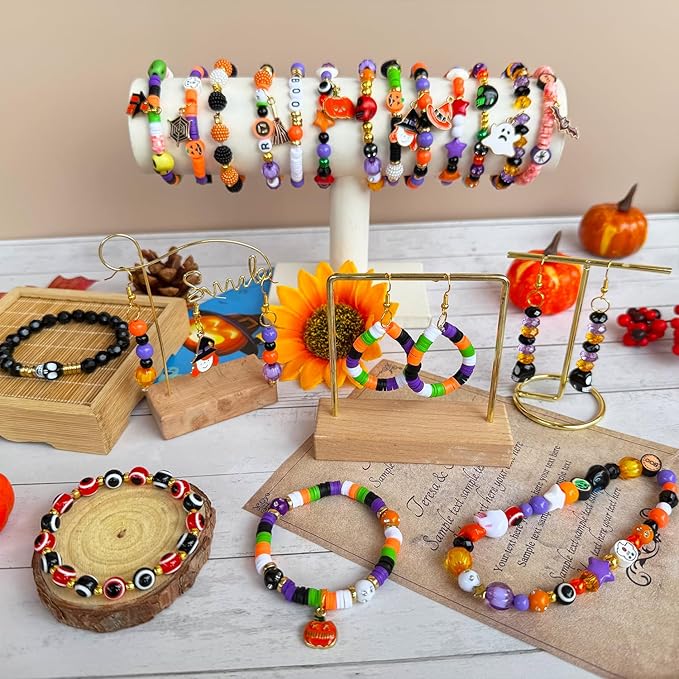 1970Pcs Halloween Bracelet Kit, Halloween Beads for Bracelets Jewelry Making Orange Black White Purple Polymer Clay Beads Pumpkin Evil Eye Skull Bead with Ghost Spider Charms for DIY Craft Earring