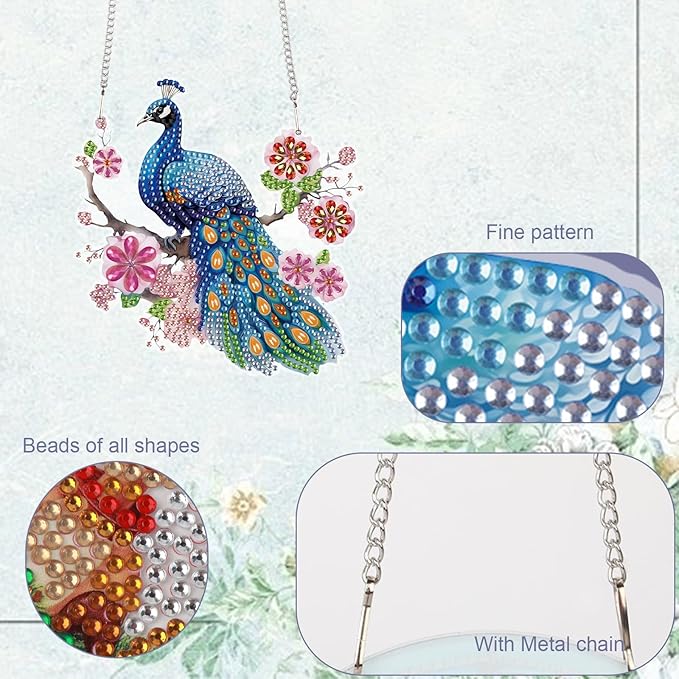 TDFERAN Diamond Painting Pendant Peacock Mosaic Making Kits by Kits Home Decoration Pendant Diamond Art Hanging Sign Onament Art Wind Chimes Hanging Pendants for Wall Home Decor Tabletop Decoration