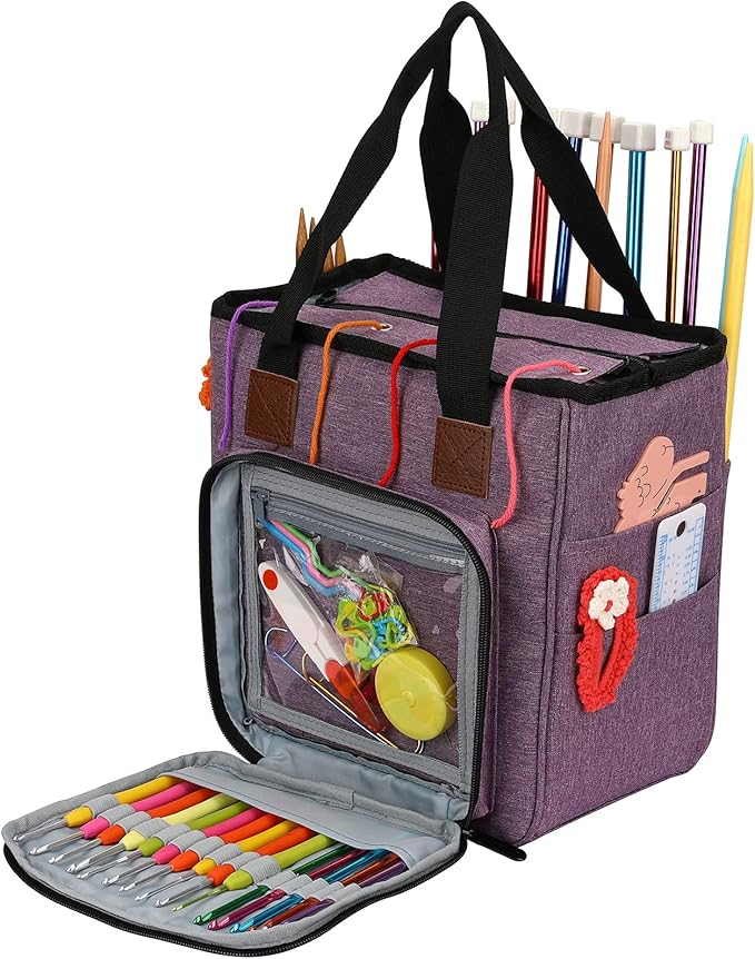 LOOEN Yarn Knitting Storage Tote-Large Capacity Crochet Organizer Portable Travel Bag with Shoulder Strap Crochet Hooks Case for Unfinished Bulk Project Purple