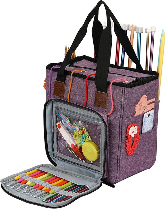 LOOEN Yarn Knitting Storage Tote-Large Capacity Crochet Organizer Portable Travel Bag with Shoulder Strap Crochet Hooks Case for Unfinished Bulk Project Purple