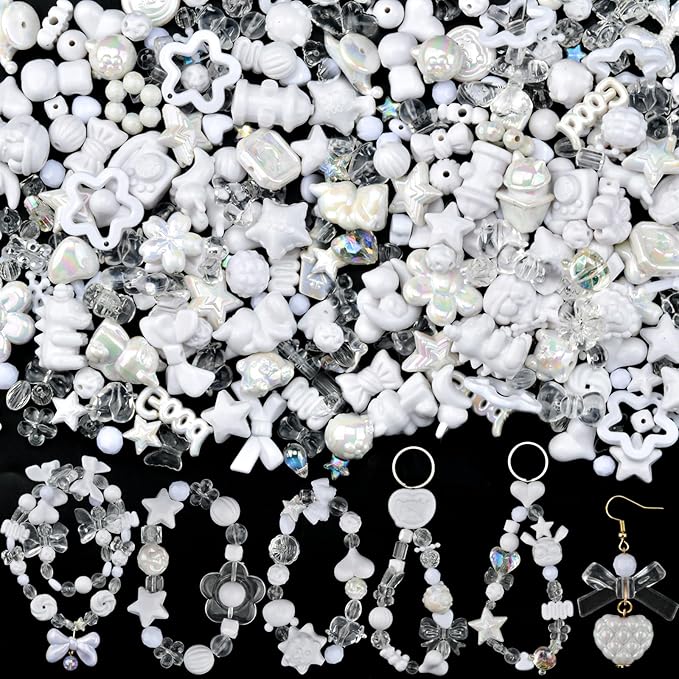 ABONDEVER 245-300Pcs Assorted Acrylic Beads for Bracelets Making Cute Star Bow Flower Candy Heart Gummy Bear Butterfly Beads for DIY Jewelry Crafts Keychain Necklace Phone Charms(White)