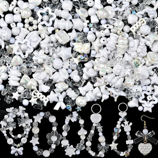 ABONDEVER 245-300Pcs Assorted Acrylic Beads for Bracelets Making Cute Star Bow Flower Candy Heart Gummy Bear Butterfly Beads for DIY Jewelry Crafts Keychain Necklace Phone Charms(White)
