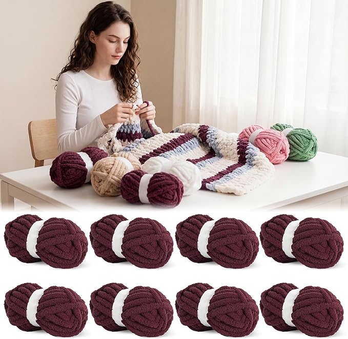 BALAPET 8 Pack Chunky Chenille Yarn for Crocheting & Knitting, 27yds 8 oz Each Skein Soft Fluffy Kitting Yarn Set, Thick Velvet Plush Yarn for Handcrafts Weaving Making Blankets, Burgundy Red
