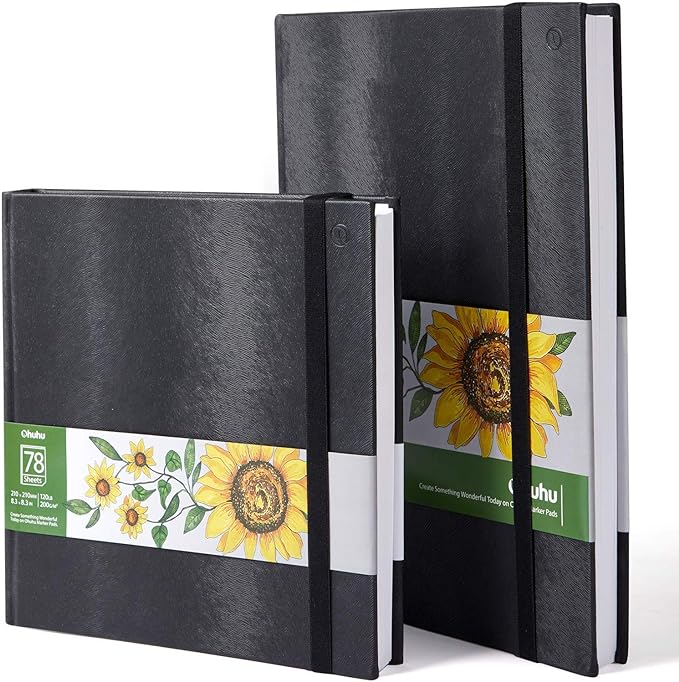Ohuhu Sketchbook Marker Paper Pad: 2 Pack 8.3"x8.3"&8.3"x11.7" Art Sketch Book Drawing Papers Each Size Holds 78 Sheets/156 Pages 120 lb/200 gsm Hardcover Sketching Books Christmas Gift
