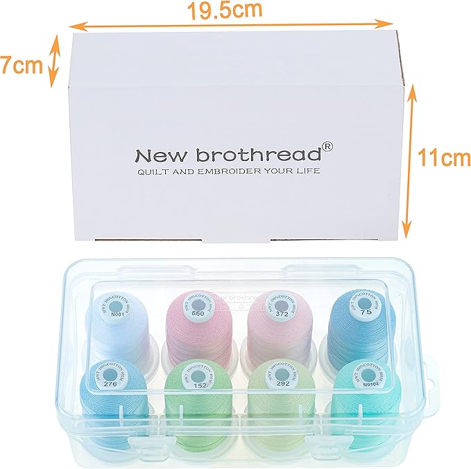 New brothread - 18 Options - Multi-Purpose 100% Mercerized Cotton Thread 50S/3 600M Each Spool for Quilting, Serger, Sewing and Embroidery - 8xSummer Loft(Pastel Color) with Clear Plastic Storage Box