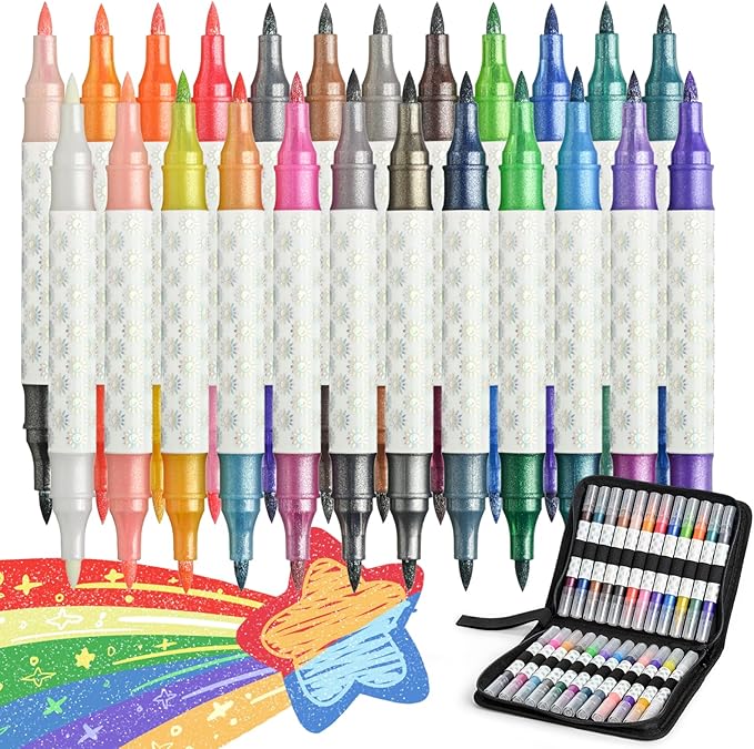 Glitter Changing Markers,24 Pack 47 Colors Sparkle Magic Markers Dual Tip Markers for Adult Art Supplies, Drawing Bullet Journal,Coloring books