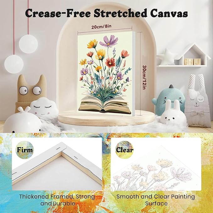 xackcme Book Paint by Numbers for Adults with Framed Canvas - with Wooden Easel, Flowers Paint by Number on Canvas, DIY Books Acrylic Oil Painting Kits with Brushes for Home Wall Decor (8x12 inch)