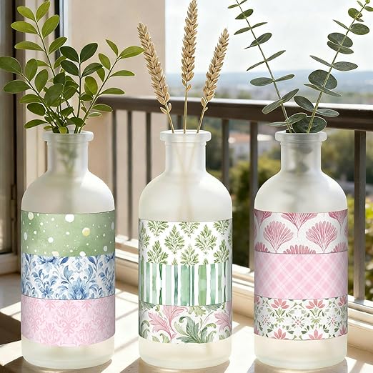 12 Rolls Watercolor Floral Washi Tape Set 15 mm Vintage Flower Decorative Masking Tape for Spring Arts DIY Craft Scrapbook Journal Supplies Gift Wrapping(Pink,Blue and Green,Garden)