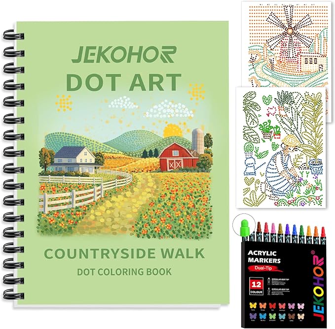 Coloring Book,Village Dot Art Meditations with 12 PCS Acrylic Markers,Mindfulness Adult Coloring Book-Relaxing,Anti-Stress,30 Patterns Coloring Books for Adults,Dot Art for Adults-Country Scenery