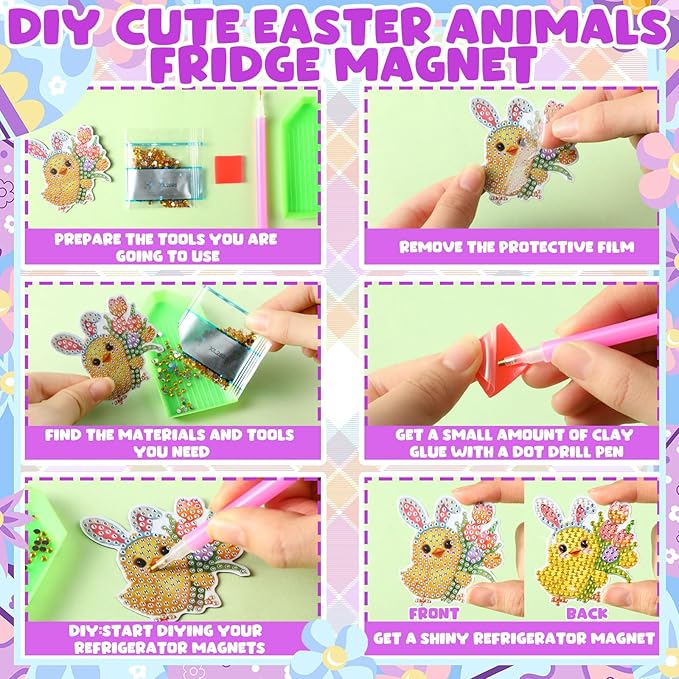 Xuhal 30 Pcs Easter Diamond Painting Magnets Easter Diamond Art Magnet Kits for Adults Bunny Flower Animal Refrigerator Magnetic Sticker Chicken 5D Rhinestone Fridge Sticker for DIY Crafts Fridge Gift